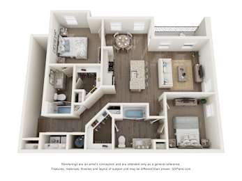 A 3D floor plan of a house with a kitchen, living room, and bedrooms.