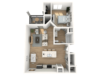 A 3D rendered image of a house layout.