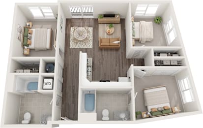 A 3D floor plan of a small apartment with a living room, kitchen, and bathroom.