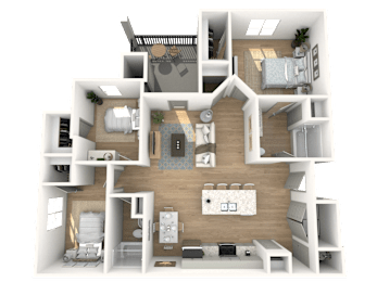 A 3D floor plan of a house with multiple rooms and furniture.