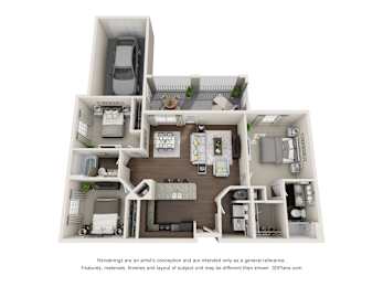 A 3D floor plan of a house with a kitchen, living room, and bedrooms.