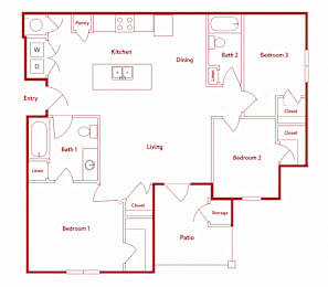 A red floor plan of a house with labeled rooms.
