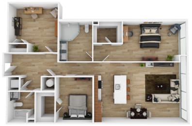 an aerial view of the floor plan of a 1 bedroom apartment at The 600 Apartments, Alabama