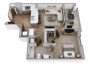 A top-down view of a house interior with a living room, kitchen, and bedrooms.