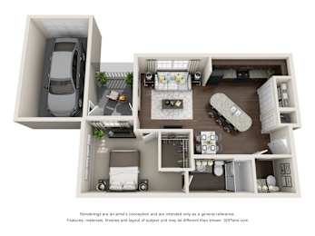 A 3D floor plan of a small apartment with a kitchen, living room, and bedroom.