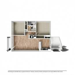 A rendering of a house layout with a kitchen, living room, and bathrooms.