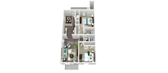 A floor plan of a small apartment with a kitchen, living room, and bathroom.
