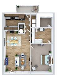 A 3D floor plan of a house with a living room, kitchen, dining room, and two bedrooms.