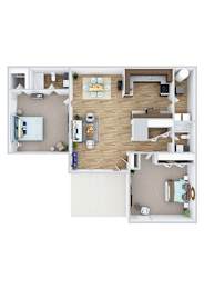 A floor plan of a house with a kitchen, living room, and two bedrooms.