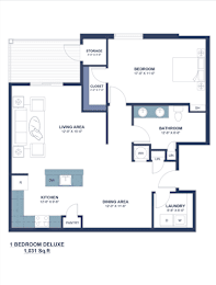 A floor plan of a 1 bedroom deluxe apartment, totaling 1,031 square feet.