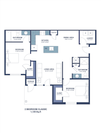 A floor plan of a 2 bedroom apartment with a living area and kitchen.