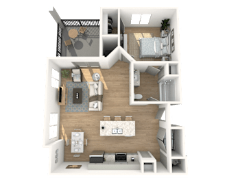 A 3D floor plan of a small apartment with a kitchen, living room, and bedroom.