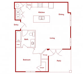 A red outline of a house plan with labeled rooms.