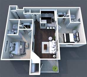 A 3D floor plan of a house with a kitchen, living room, and bedrooms.