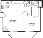  Floor Plan 1 bedroom, 1 bathroom w/fireplace