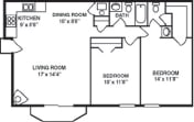  Floor Plan 2 bedroom, 1.5 bathroom w/fireplace