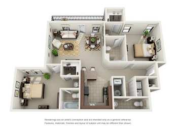 B1 Two Bedroom and Two Bathroom Floor Plan at Ridge Crossings Apartments, Alabama