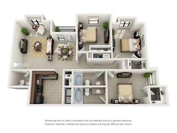 C1 Three Bedroom and Two Bathroom Floor Plan at Ridge Crossings Apartments, Hoover, 35244