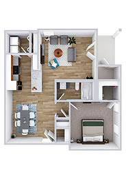 A floor plan of a small apartment with a kitchen, living room, and bedroom.