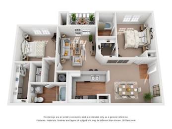 A 3D floor plan of a house with a kitchen, living room, dining room, and bedrooms.