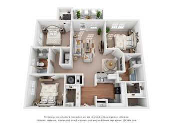 A 3D floor plan of a house with labeled rooms.