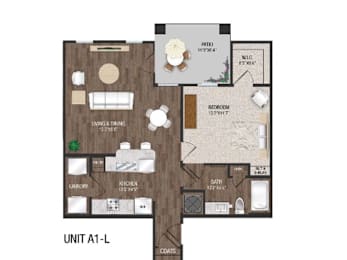 A floor plan of a unit labeled A1-L shows a living and dining area, kitchen, bathroom, and bedroom.