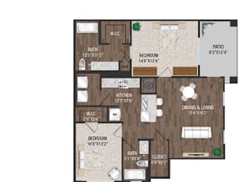 A floor plan of a house with a kitchen, two bedrooms, a bathroom, a patio, and a dining and living area.