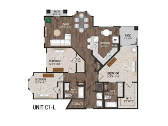 A floor plan of a unit with a living room, two bedrooms, a patio, and a storage area.