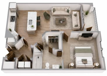 A top-down view of a living room with a couch, coffee table, and kitchen area.