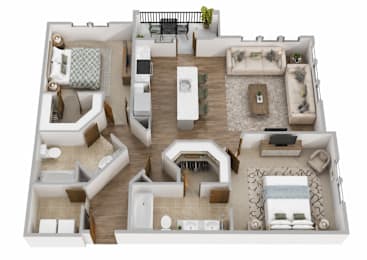 A 3D floor plan of a house with multiple rooms and furniture.