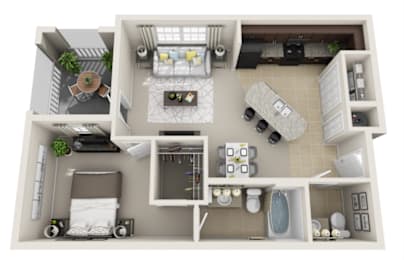 A top-down view of a small apartment with a kitchen, living room, and bathroom.