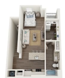 A top-down view of a small apartment with a bedroom, living room, and kitchen.