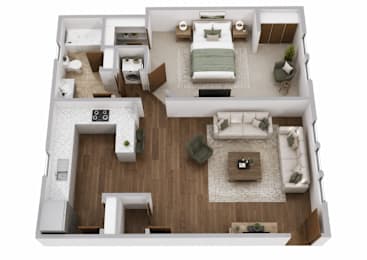 A top-down view of a well-furnished apartment.