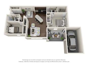 A 3D floor plan of a house with a kitchen, living room, bedrooms, and a garage.