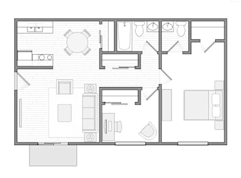 A black and white floor plan of a house with a kitchen, living room, dining room, and bathrooms.