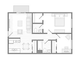 A black and white floor plan of a house with a kitchen, living room, dining room, and two bedrooms.