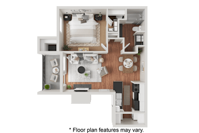 A floor plan of a house with a kitchen, living room, and bathroom.