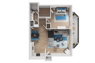 A 3D rendered image of a small apartment layout.