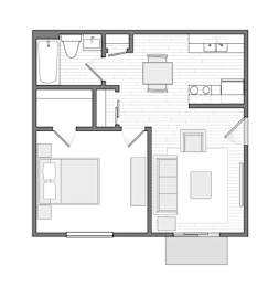 A black and white floor plan of a house with a kitchen, living room, and bathroom.