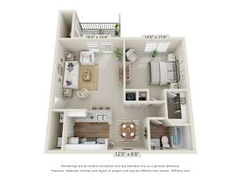 A 3D floor plan of a house with a kitchen, living room, and two bedrooms.