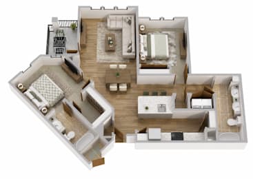 A 3D floor plan of a house with multiple rooms and furniture.
