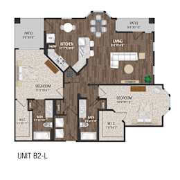 A floor plan of a living space with a kitchen, two bathrooms, a patio, and two bedrooms.