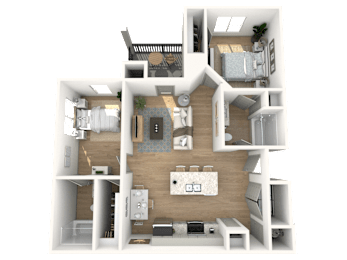 A 3D floor plan of a house with a kitchen, living room, and bedrooms.
