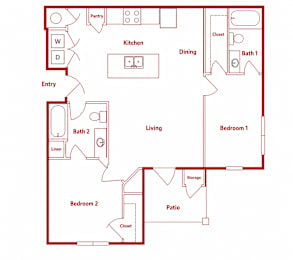 A red floor plan of a house with labeled rooms.
