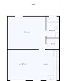 Floor Plan  A floor plan of a patio with a bedroom, bathroom, closet, living room, and kitchen.