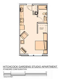 A floor plan of the Hitchcock Gardens Studio Apartment.