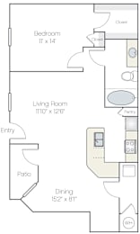 A floor plan of a home with a bedroom, living room, patio, and dining area.