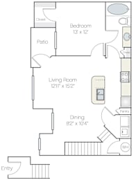 A floor plan of a home with a living room, dining room, kitchen, and bathroom.