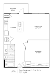 A one bedroom apartment with one bath is 670 square feet.