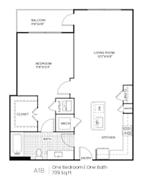 A1B floor plan of a one bedroom apartment with one bath.